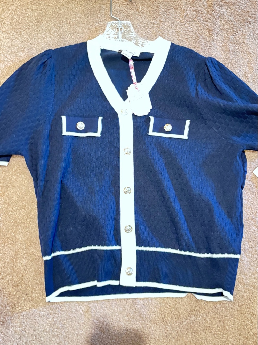 Nanette Lepore Navy Cardigan with Cream Trim